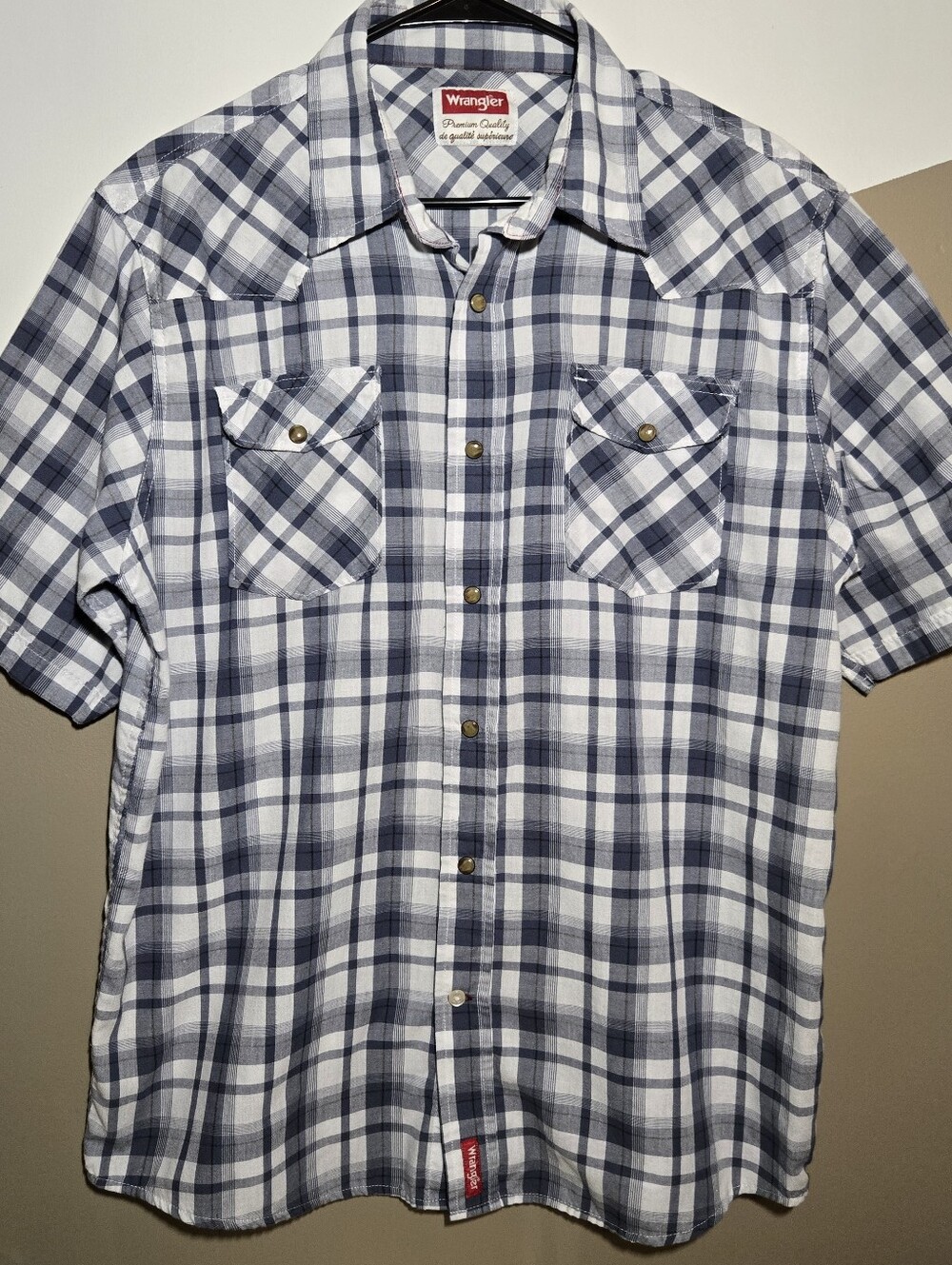 Wrangler Mens Sz Large Plaid Western Shirt Short Sleeve Blue Gray White Pockets
